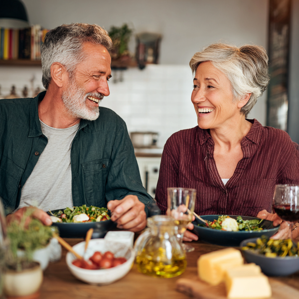 Mature adults enjoying healthy balanced meals together in a bright kitchen setting